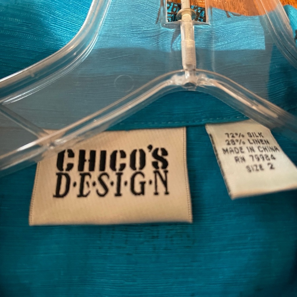 Chico's Turquoise Blue Script-Print Button-Front Jean Jacket - Picture 6 of 7